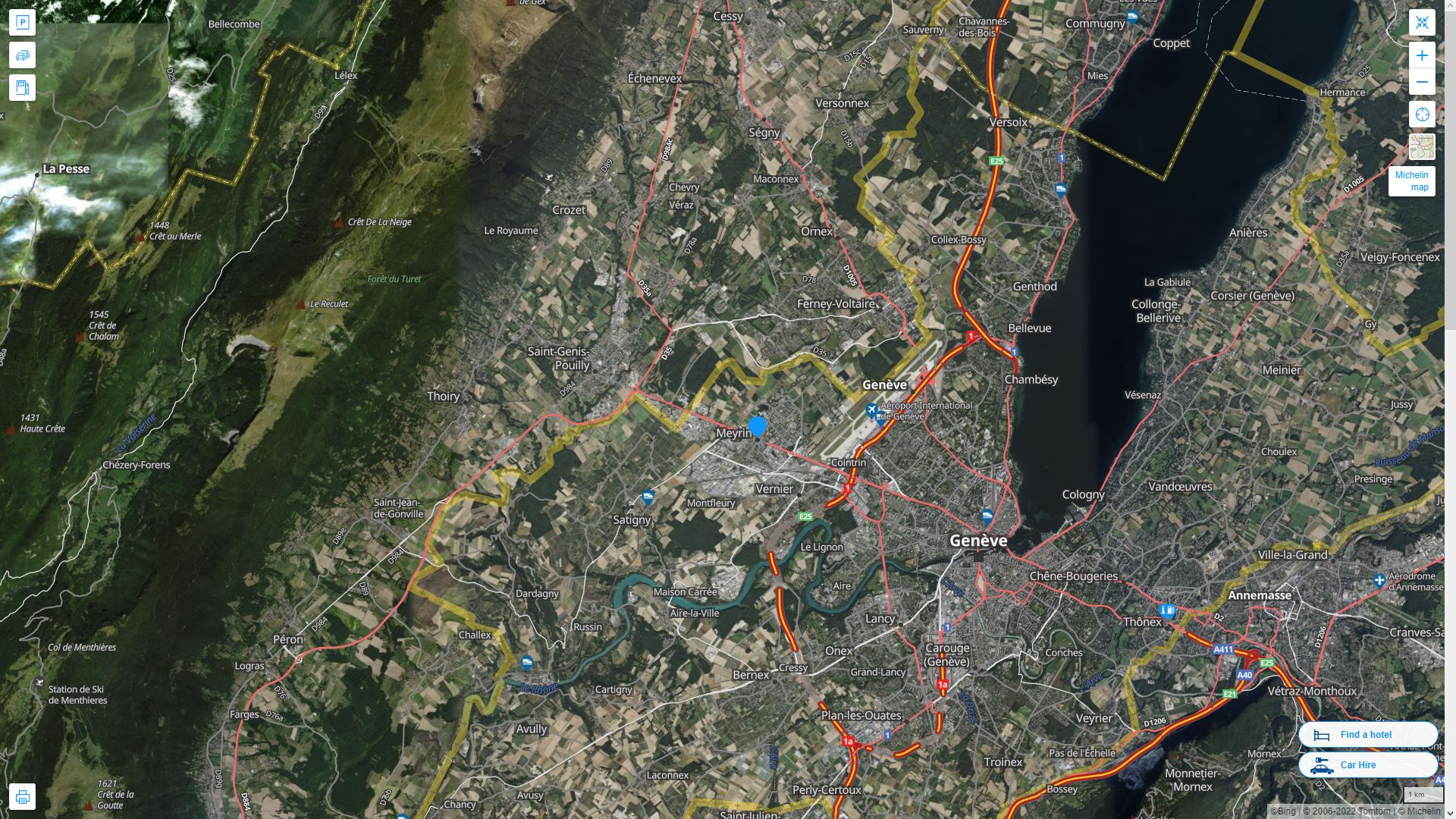 Meyrin Suisse Autoroute et carte routiere avec vue satellite